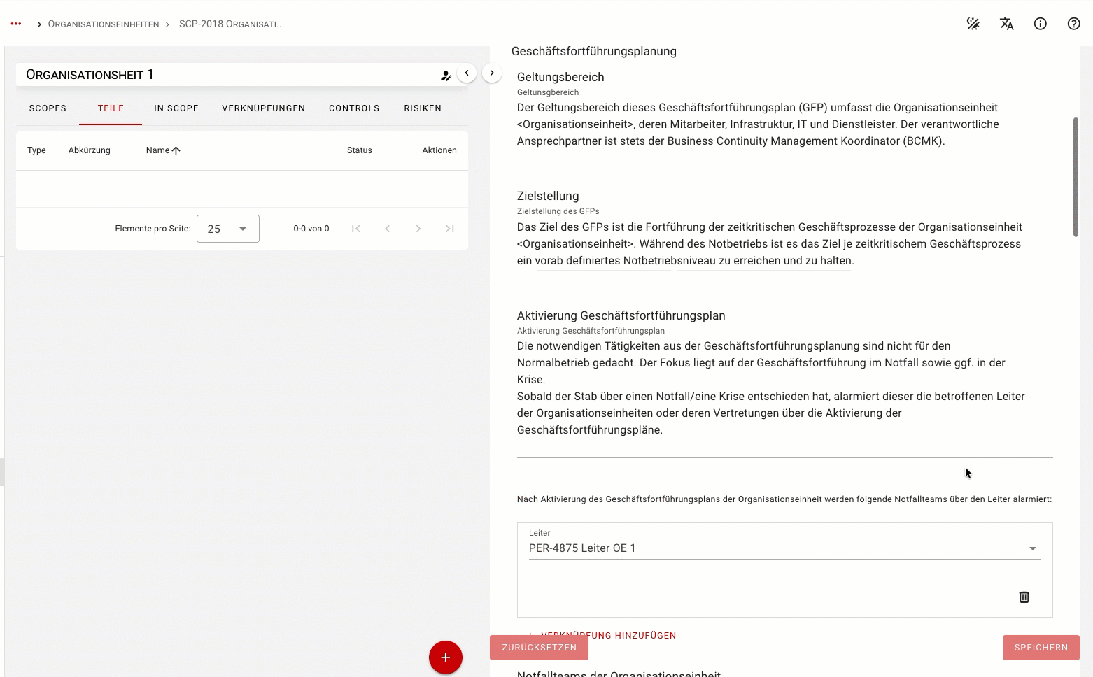 Information on business continuity for an organizational unit