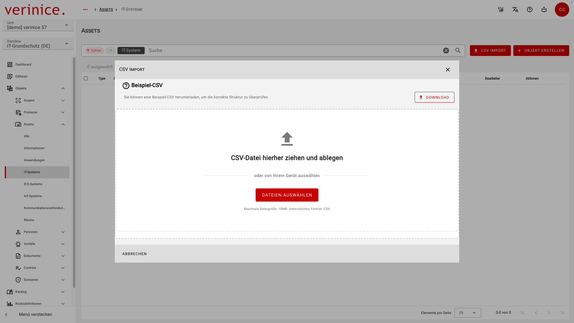 CSV-Import in der Objektübersicht
