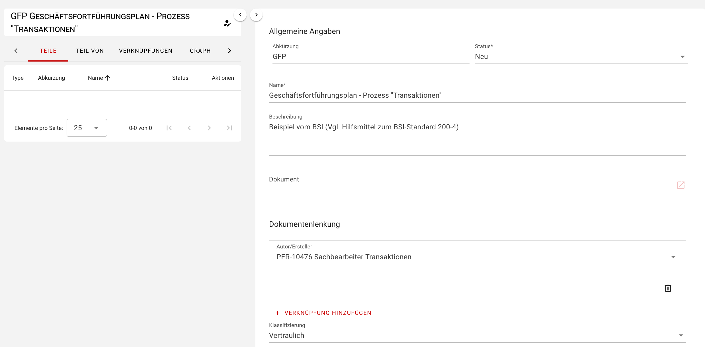 Dokumenten-Objekt für den Geschäftsfortfürhungsplan