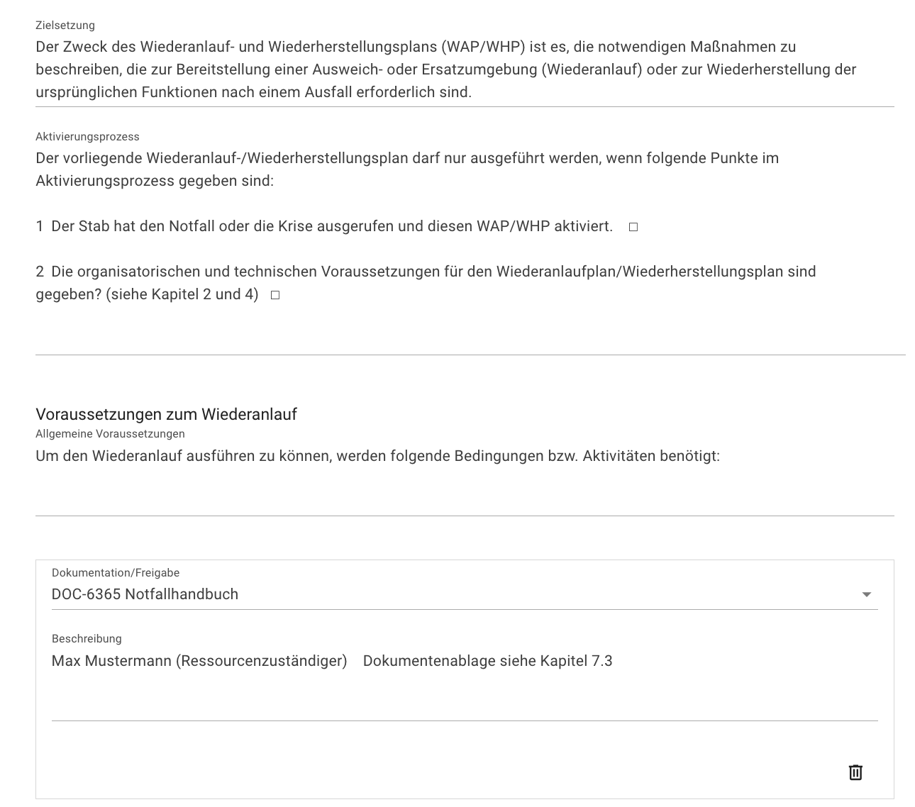 Basisangaben der Wiederanlaufplanung